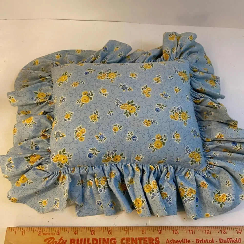 Vintage‎ cross stitch pillow “Grandmother” 16x13 blue yellow country cottage